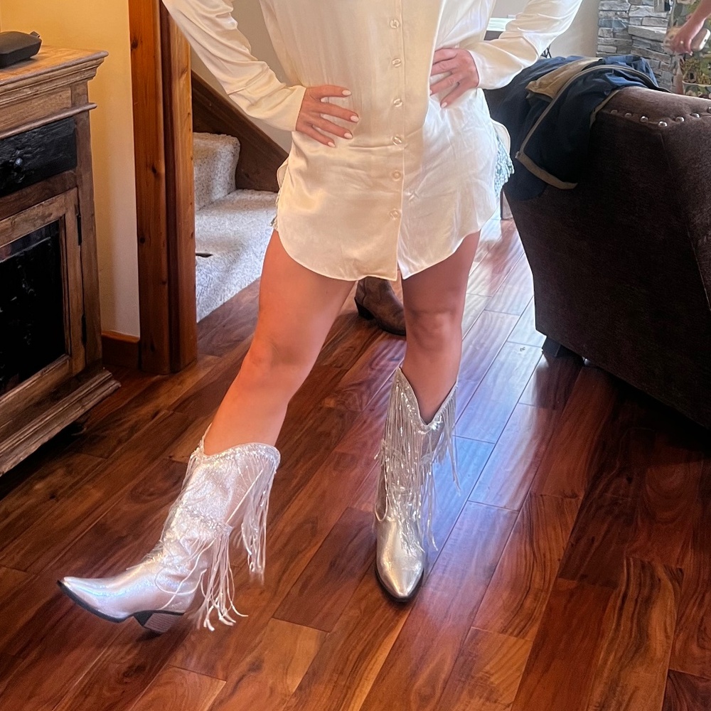 Temu Sparkly Cowboy Boots Silver - 9.5